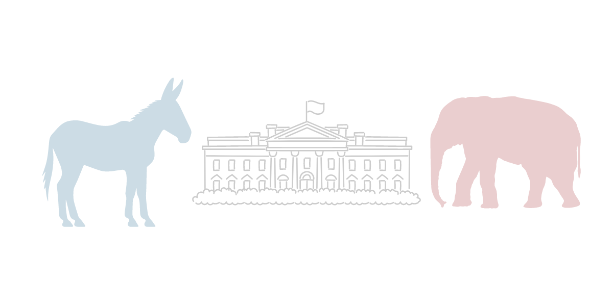 A blue donkey faces a red elephant with a line drawing of the White House in between them