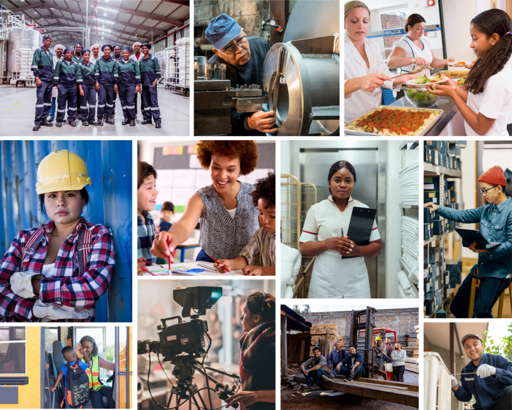 A collage of the various workers EPI Action fights for every day, including a dairy processing plant team, a machinist, cafeteria workers at a school, a construction worker, a teacher, a hospitality worker, a warehouse employee, a school bus driver, a cinematographer, a construction crew, and an HVAC installer