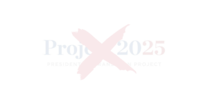 The Project 2025 logo with a large red X through it