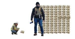 An ICE agent is standing in front of a pile of cash 91 times the size of a pile of money in front of an OSHA inspector.